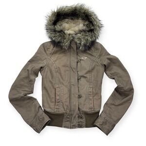 Y2K Hollister Bomber Jacket Women's S Brown Fur Trim Sherpa Hooded Bella Swan
